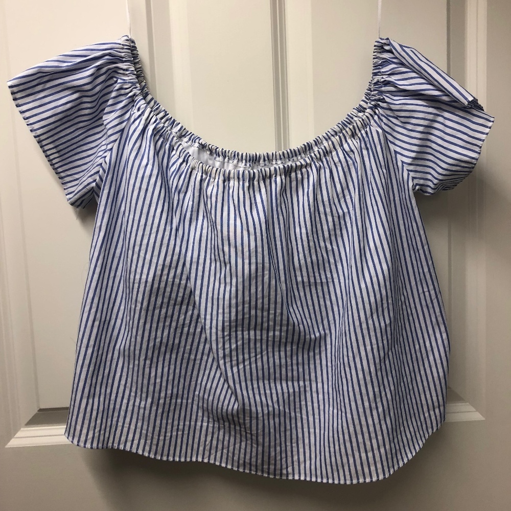 Cropped Oxford Stripe Off the Shoulder Top
